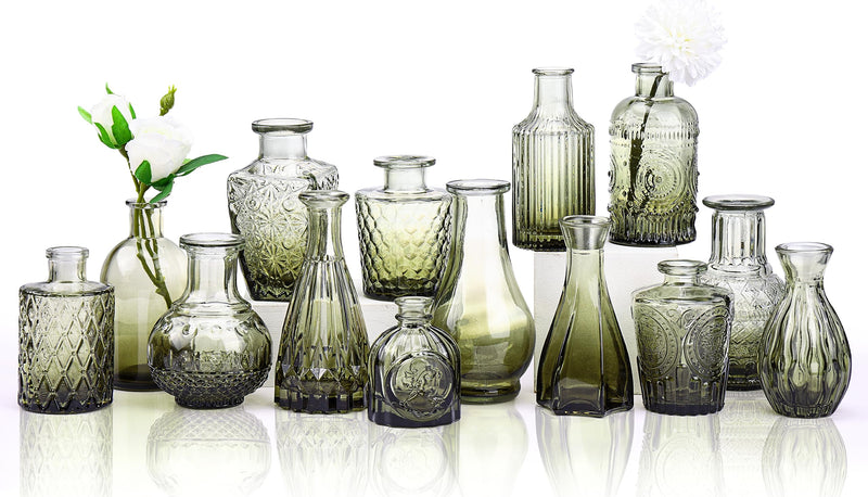 Glass Vase,["14-Piece Graduated Green Glass Vase Set - Vintage Bud Vases for Rustic Centerpieces"