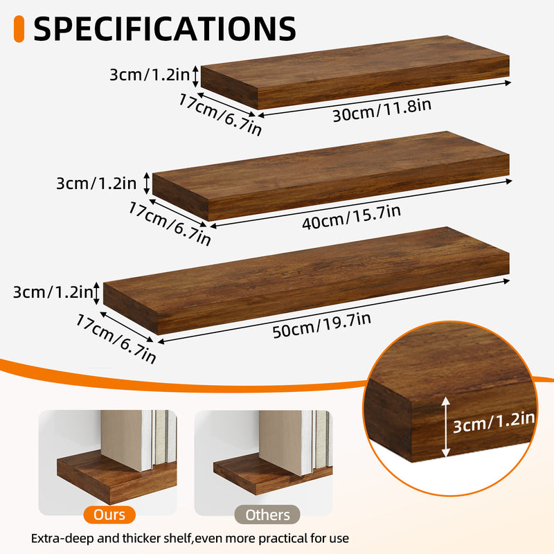 SUPERLELE 6 Pcs 3 Sizes Wooden Wall Mounted Floating Shelves