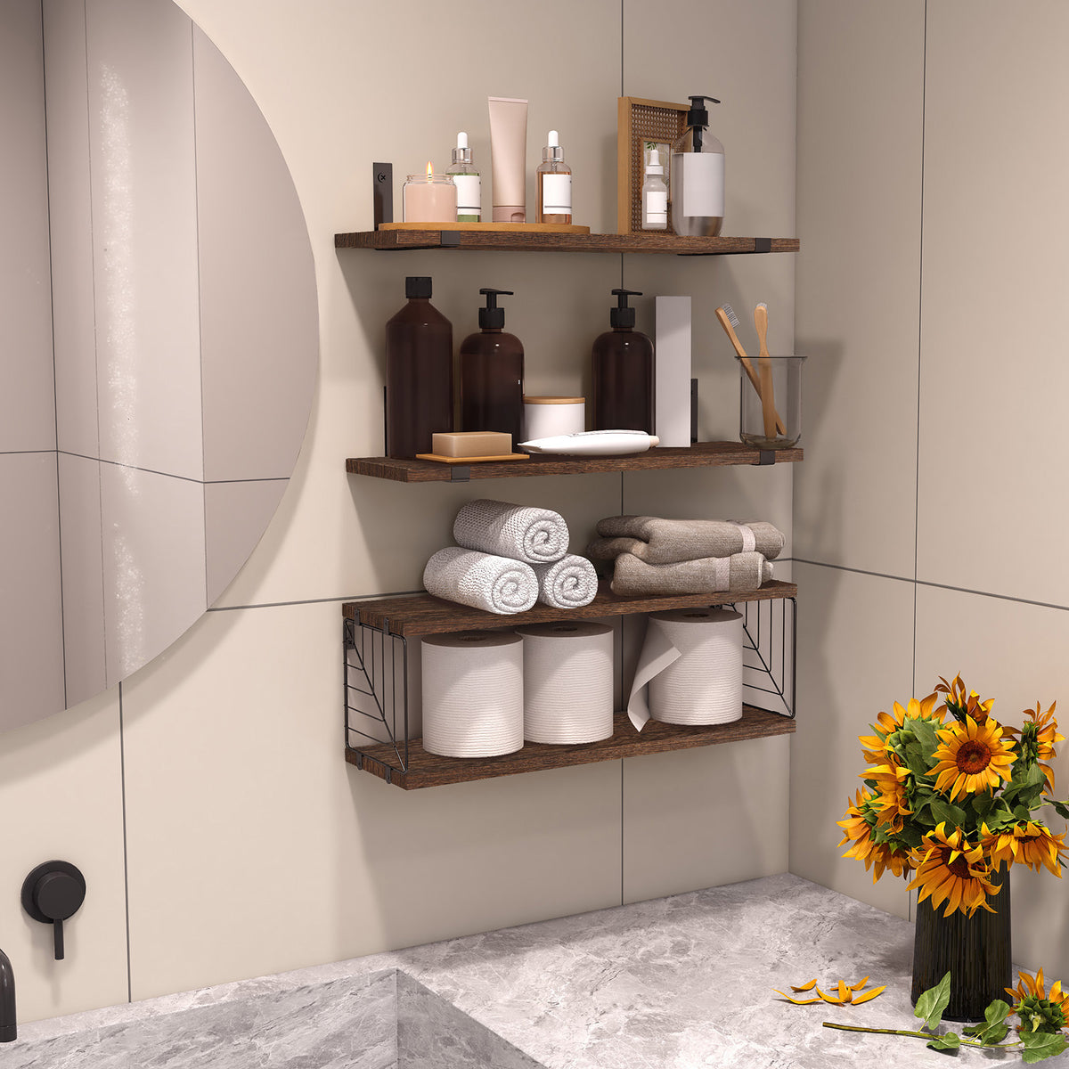 SUPERLELE 3+1 Tier Floating Shelves, 15.8in Farmhouse Rustic Wood Shelves