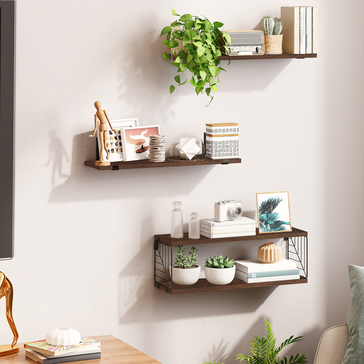 SUPERLELE 3+1 Tier Floating Shelves, 15.8in Farmhouse Rustic Wood Shelves