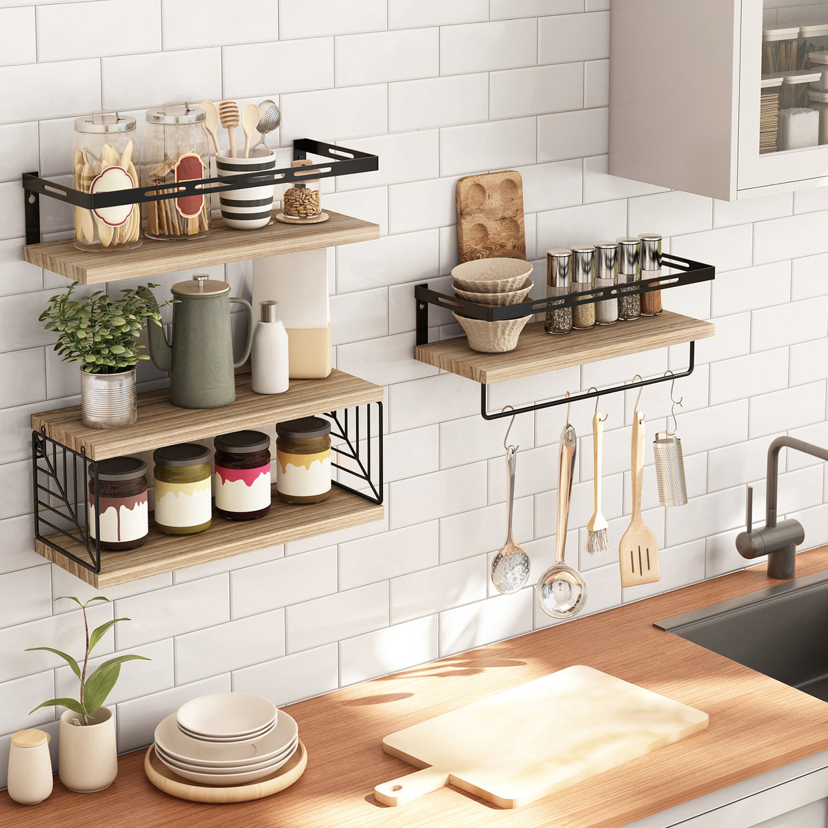 SUPERLELE 3+1 Tier Wall-Mounted Shelves with Metal Frame and Towel Rustic Brown