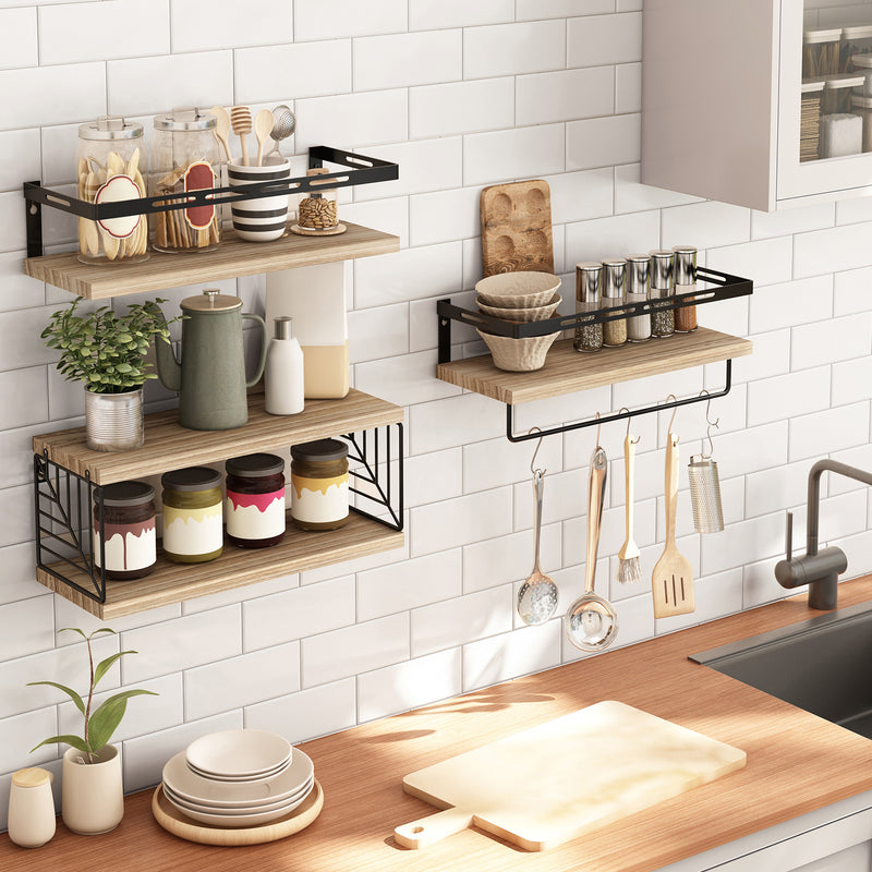 SUPERLELE 3+1 Tier Wall-Mounted Shelves with Metal Frame and Towel Rustic Brown