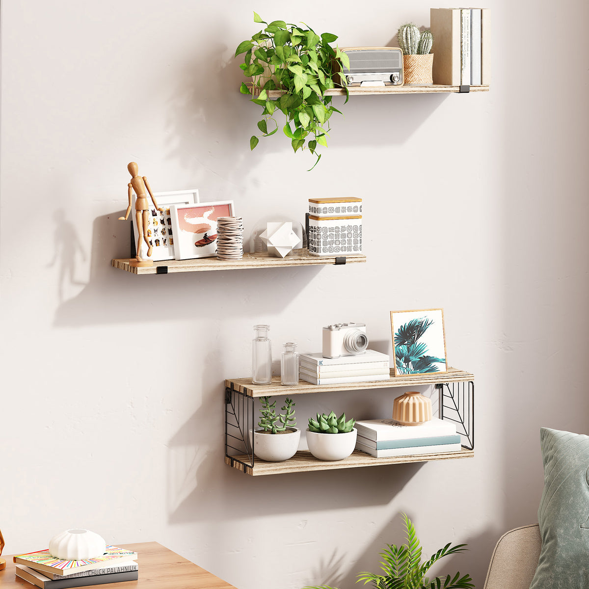 SUPERLELE 3+1 Tier Floating Shelves, 15.8in Farmhouse Rustic Wood Shelves