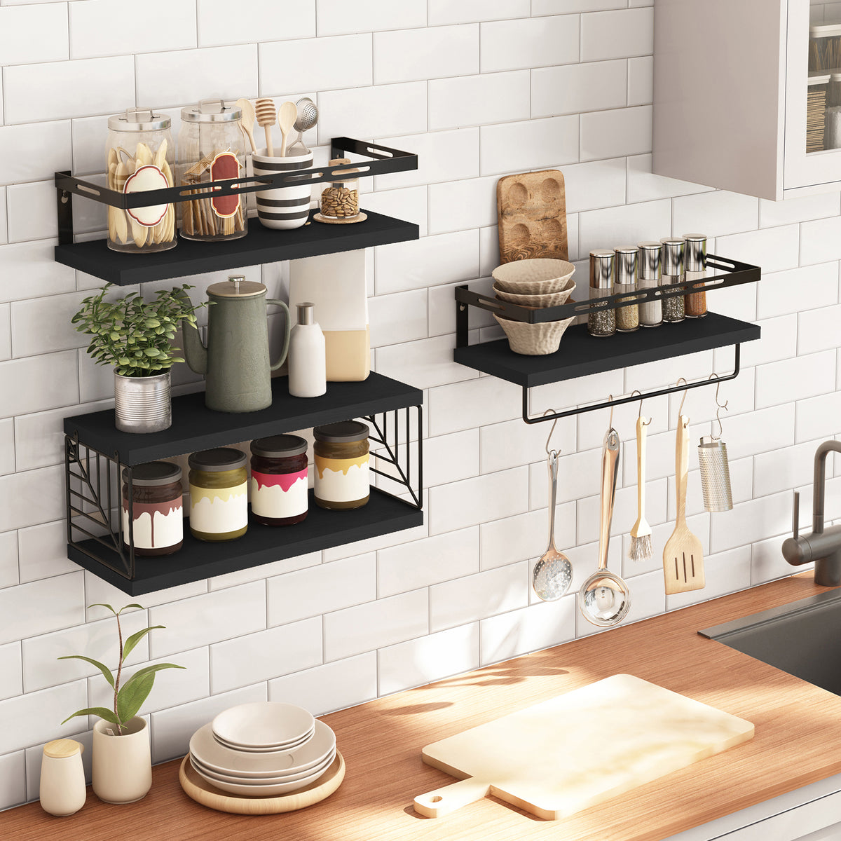 SUPERLELE 3+1 Tier Wall-Mounted Shelves with Metal Frame and Towel Black