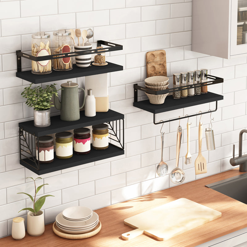 SUPERLELE 3+1 Tier Wall-Mounted Shelves with Metal Frame and Towel Black