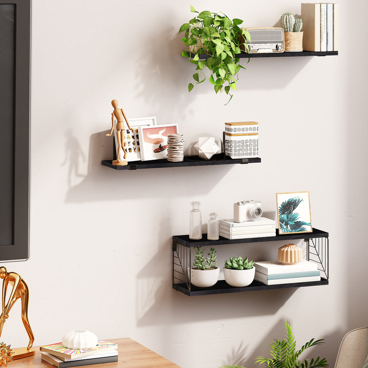 SUPERLELE 3+1 Tier Floating Shelves, 15.8in Farmhouse Rustic Wood Shelves