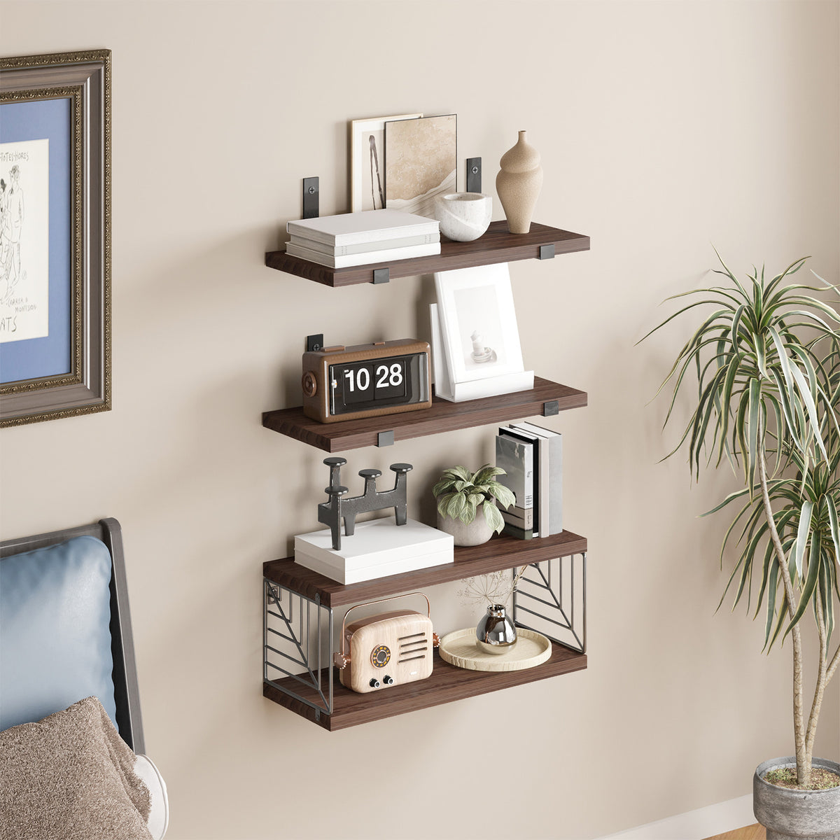 SUPERLELE 3+1 Tier Floating Shelves, 15.8in Farmhouse Rustic Wood Shelves