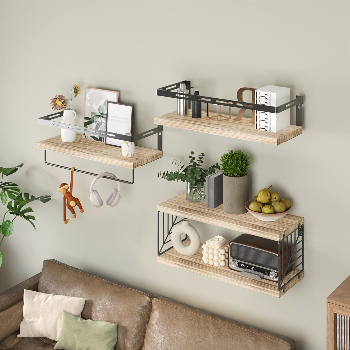 SUPERLELE 3+1 Tier Wall-Mounted Shelves with Metal Frame and Towel Rustic Brown