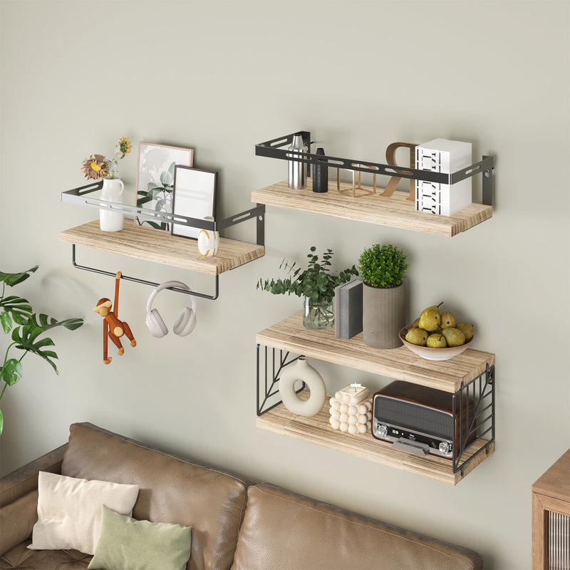 SUPERLELE 3+1 Tier Wall-Mounted Shelves with Metal Frame and Towel Rustic Brown