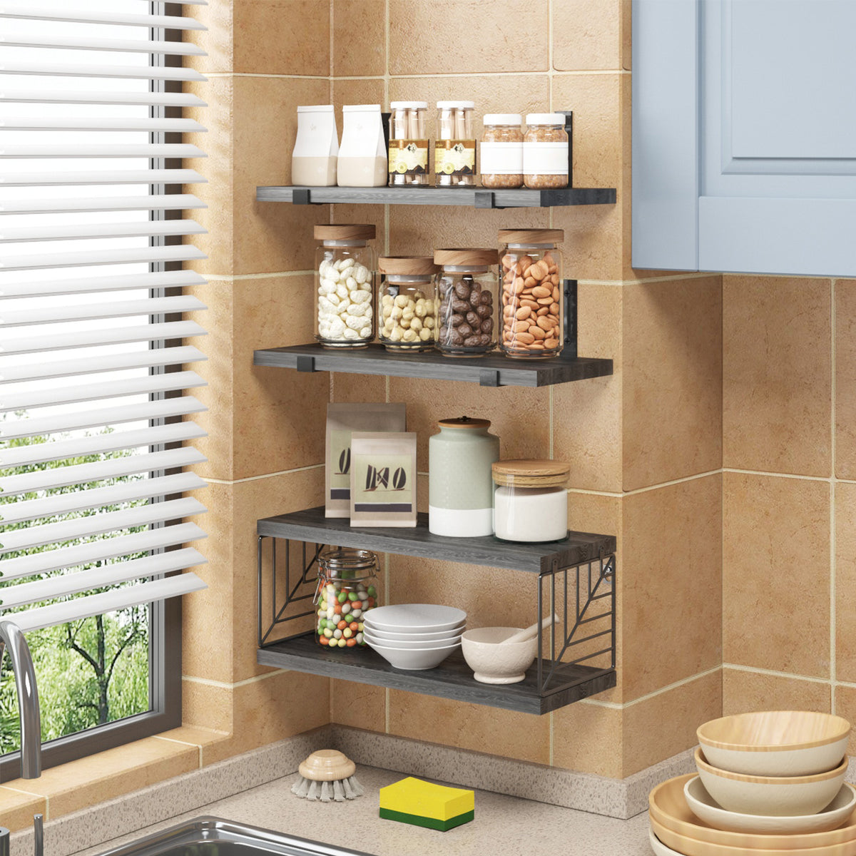 SUPERLELE 3+1 Tier Floating Shelves, 15.8in Farmhouse Rustic Wood Shelves