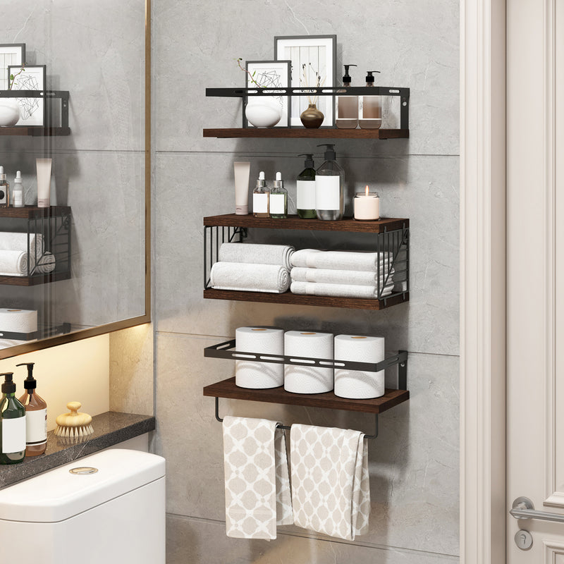 SUPERLELE 3+1 Tier Wall-Mounted Shelves with Metal Frame and Towel Dark Brown