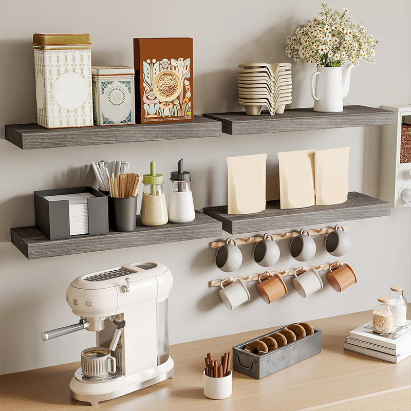 SUPERLELE 4-Pieces Floating Shelves for Wall, Wall Mounted Rustic Wood Shelves Grey