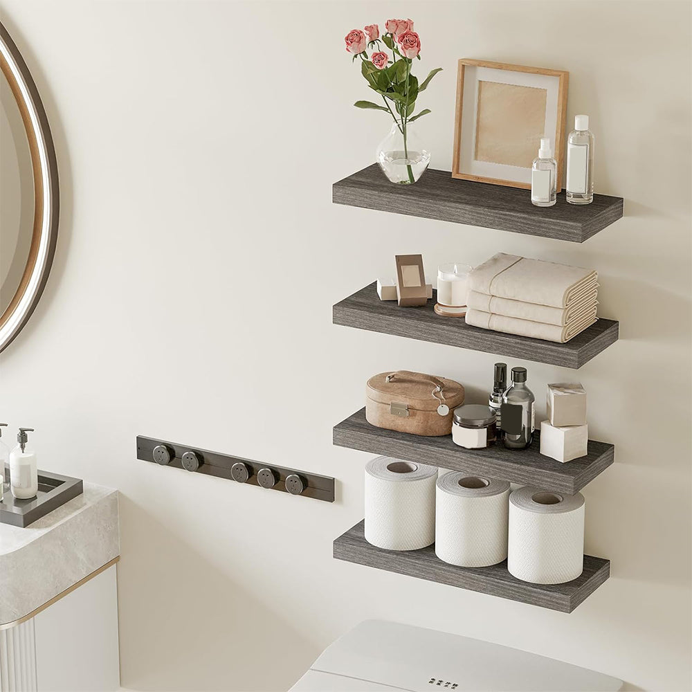 SUPERLELE 4-Pieces Floating Shelves for Wall, Wall Mounted Rustic Wood Shelves Grey