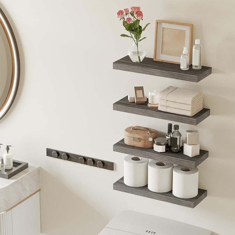 SUPERLELE 4-Pieces Floating Shelves for Wall, Wall Mounted Rustic Wood Shelves Grey