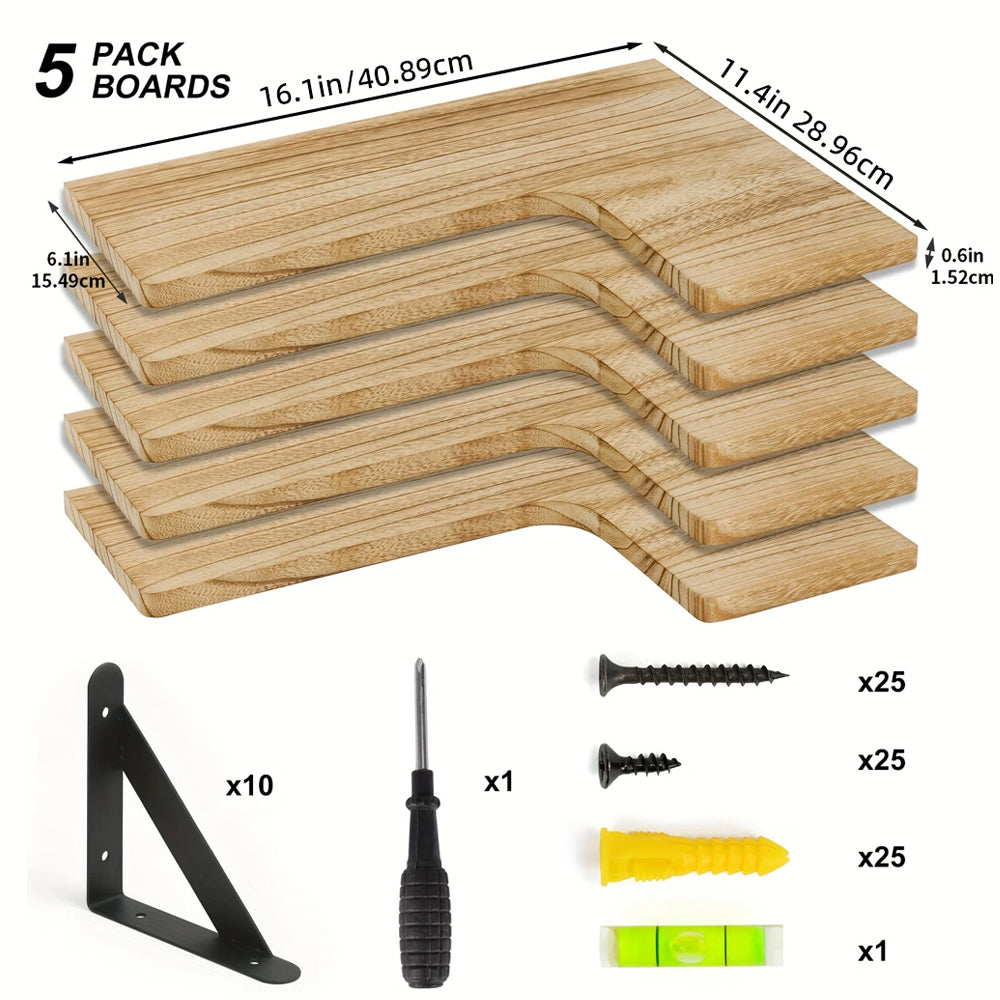 SUPERLELE 5-Pieces Floating Shelves for Wall, Rustic Wood Wall Mounted Corner Shelf Carbonized Black