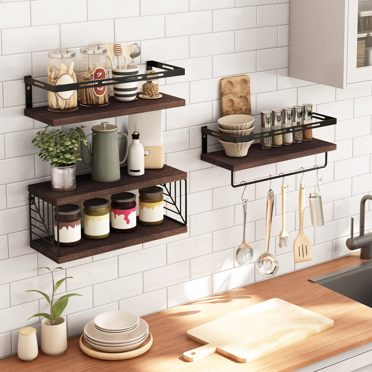 SUPERLELE 3+1 Tier Wall-Mounted Shelves with Metal Frame and Towel Dark Brown