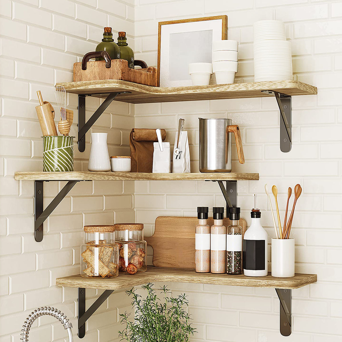 SUPERLELE 5-Pieces Floating Shelves for Wall, Rustic Wood Wall Mounted Corner Shelf Carbonized Black