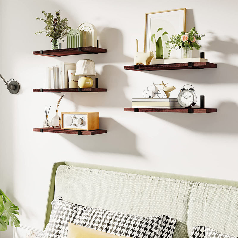 SUPERLELE Floating Shelves Set of 5, Width 4.7 Inches, Rustic Wood Wall Storage Shelves