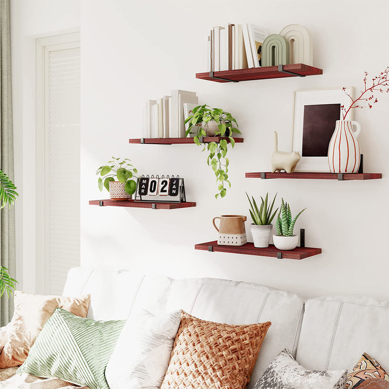 SUPERLELE Floating Shelves Set of 5, Width 4.7 Inches, Rustic Wood Wall Storage Shelves