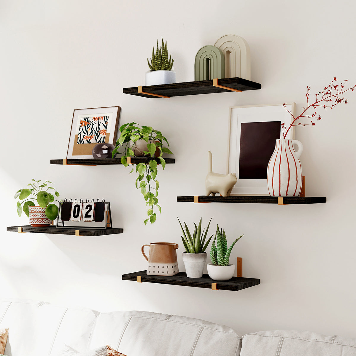 SUPERLELE Floating Shelves Set of 5, Width 4.7 Inches, Rustic Wood Wall Storage Shelves