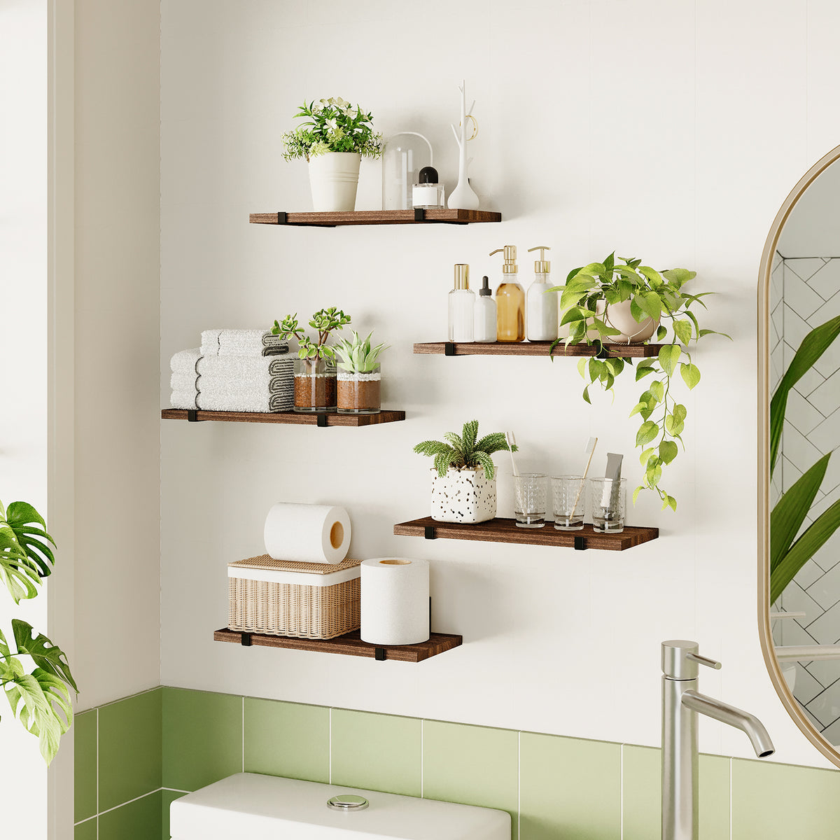 SUPERLELE Floating Shelves Set of 5, Width 4.7 Inches, Rustic Wood Wall Storage Shelves