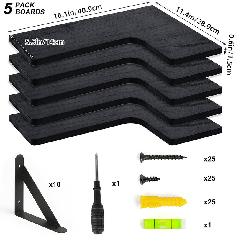 SUPERLELE 5-Pieces Floating Shelves for Wall, Rustic Wood Wall Mounted Corner Shelf Black