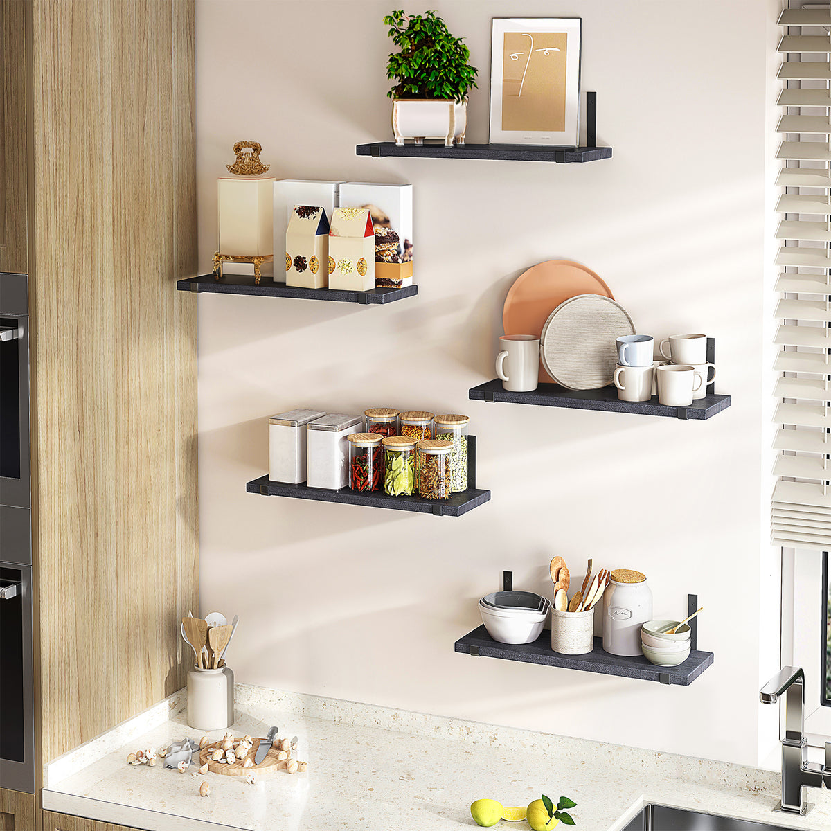 SUPERLELE Floating Shelves Set of 5, Width 4.7 Inches, Rustic Wood Wall Storage Shelves