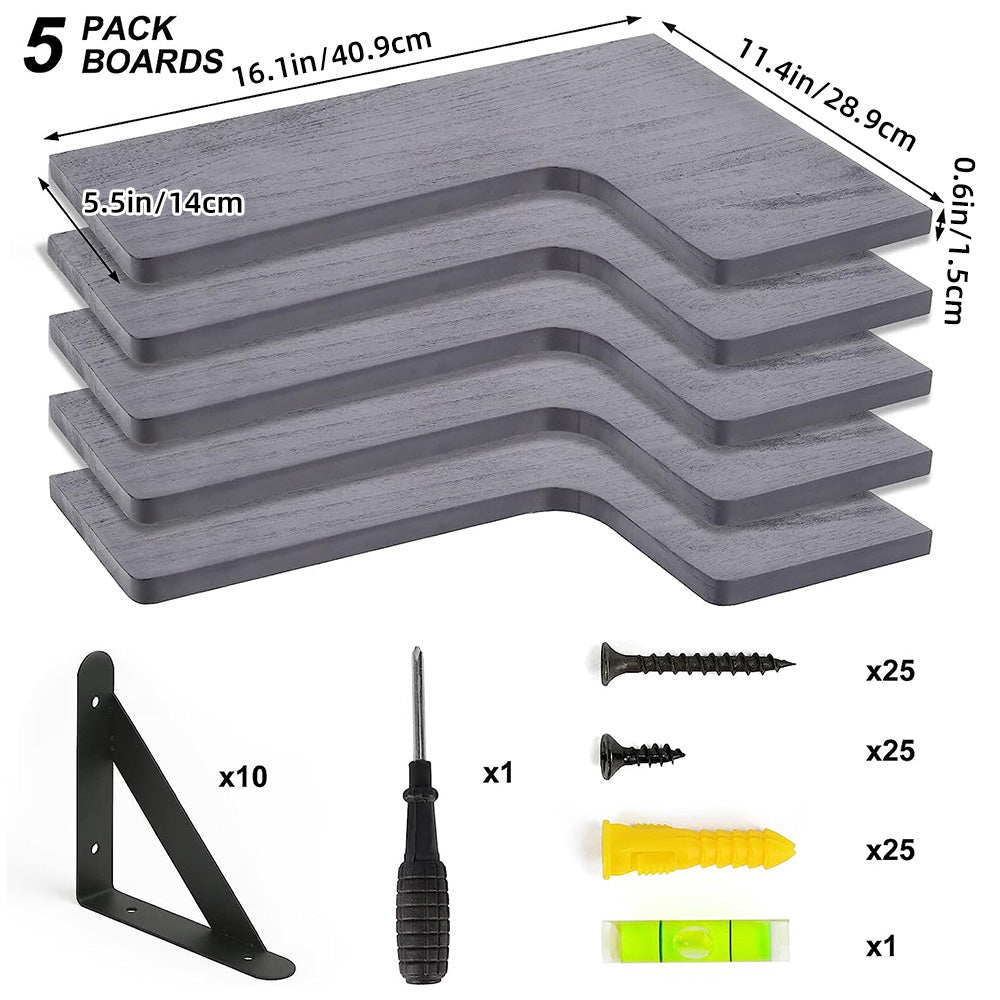 SUPERLELE 5-Pieces Floating Shelves for Wall, Rustic Wood Wall Mounted Corner Shelf Gray