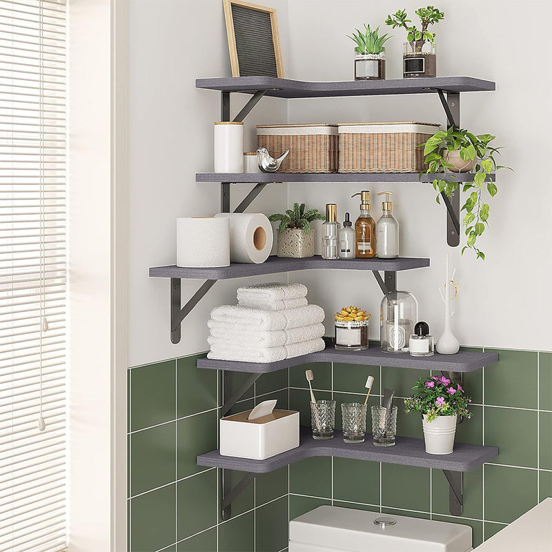 SUPERLELE 5-Pieces Floating Shelves for Wall, Rustic Wood Wall Mounted Corner Shelf Gray