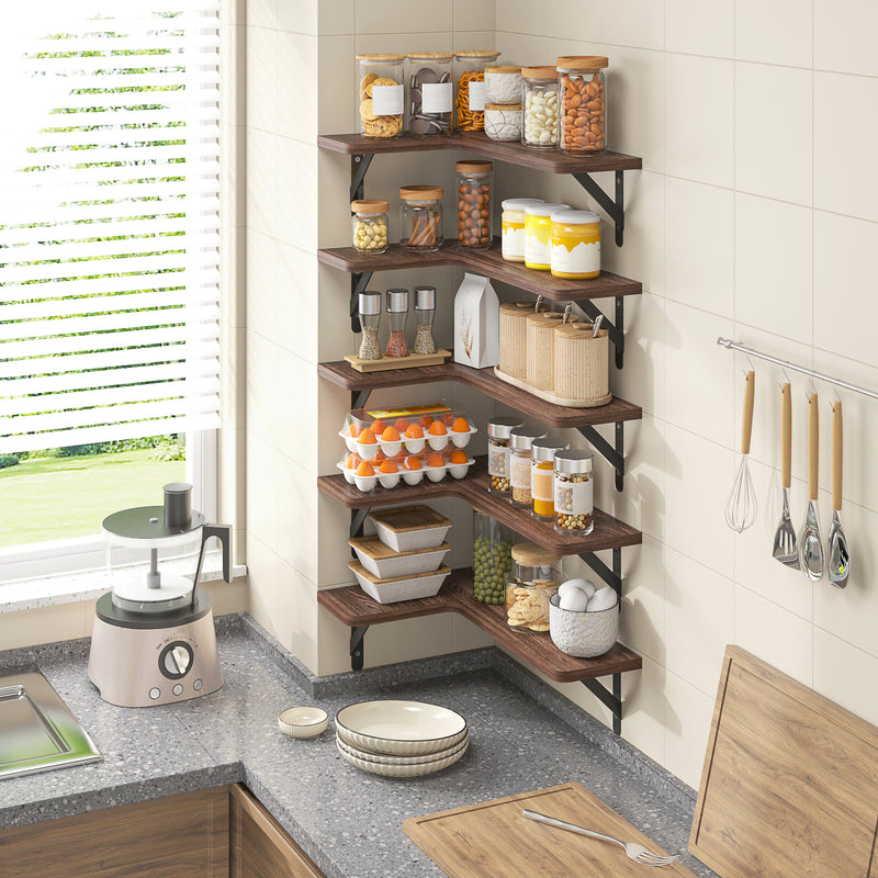 SUPERLELE 5-Pieces Floating Shelves for Wall, Rustic Wood Wall Mounted Corner Shelf Dark Carbonized Black