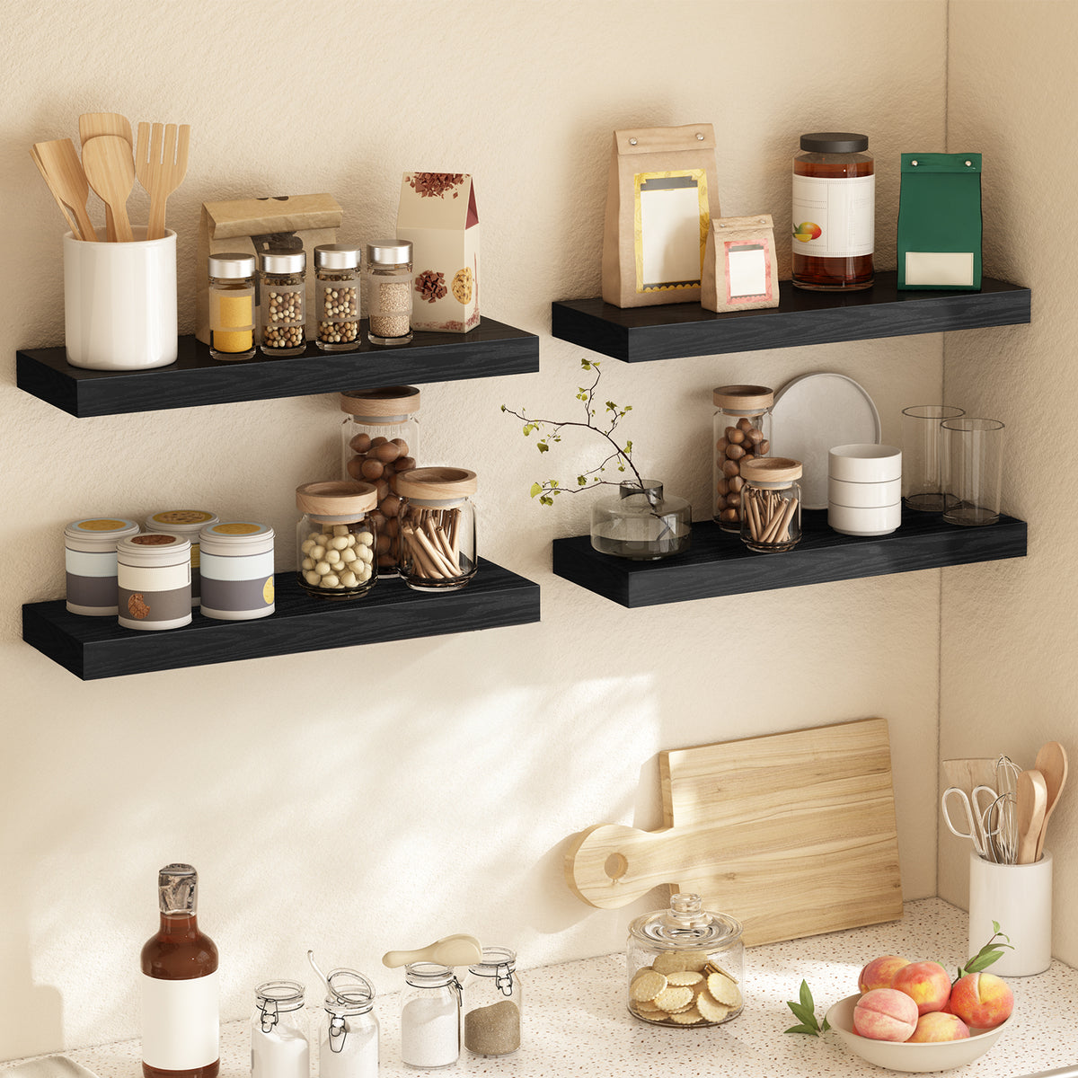 SUPERLELE 4-Pieces Floating Shelves for Wall, Wall Mounted Rustic Wood Shelves Black