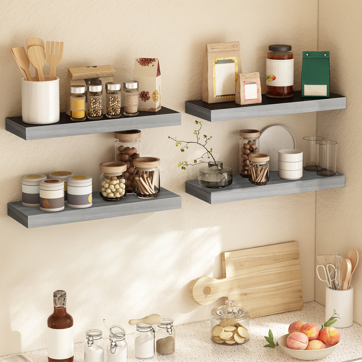 SUPERLELE 4-Pieces Floating Shelves for Wall, Wall Mounted Rustic Wood Shelves Grey
