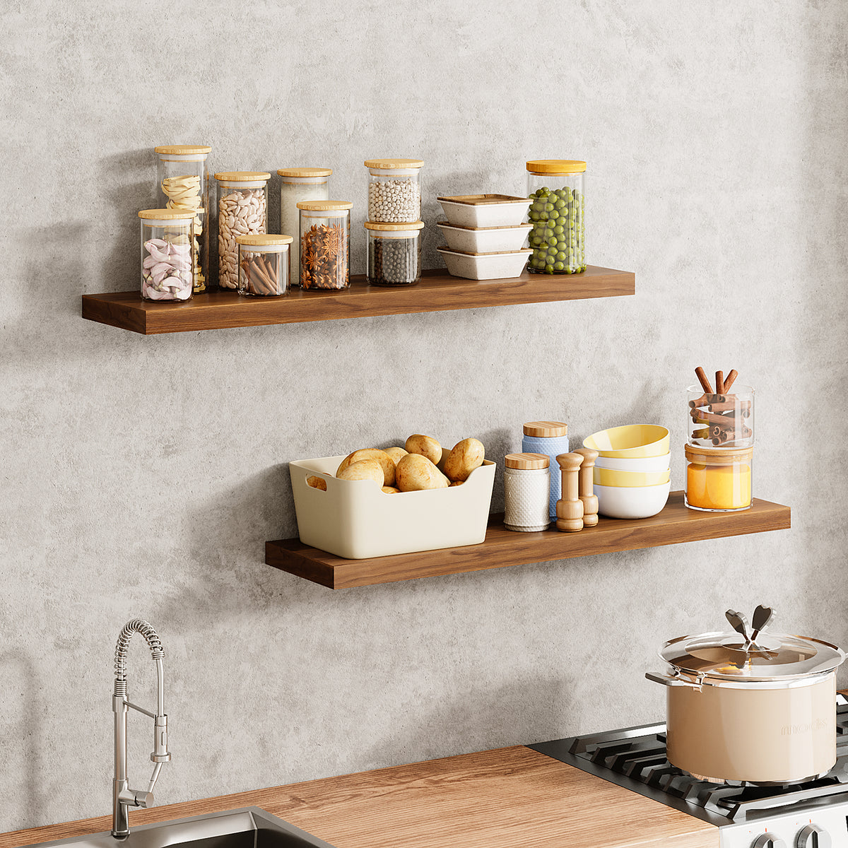 SUPERLELE 2 Pcs 22.5 inch Rustic Wood Wall Mounted Shelves Walnut
