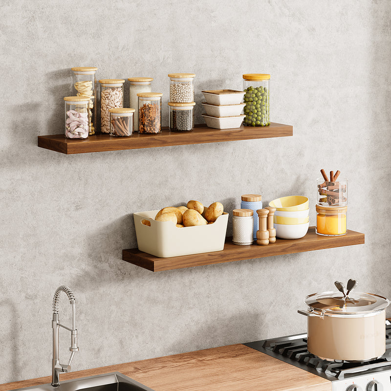 SUPERLELE 2 Pcs 22.5 inch Rustic Wood Wall Mounted Shelves Walnut