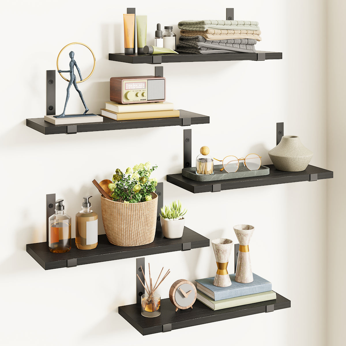 SUPERLELE Floating Shelves Set of 5, Width 4.7 Inches, Rustic Wood Wall Storage Shelves