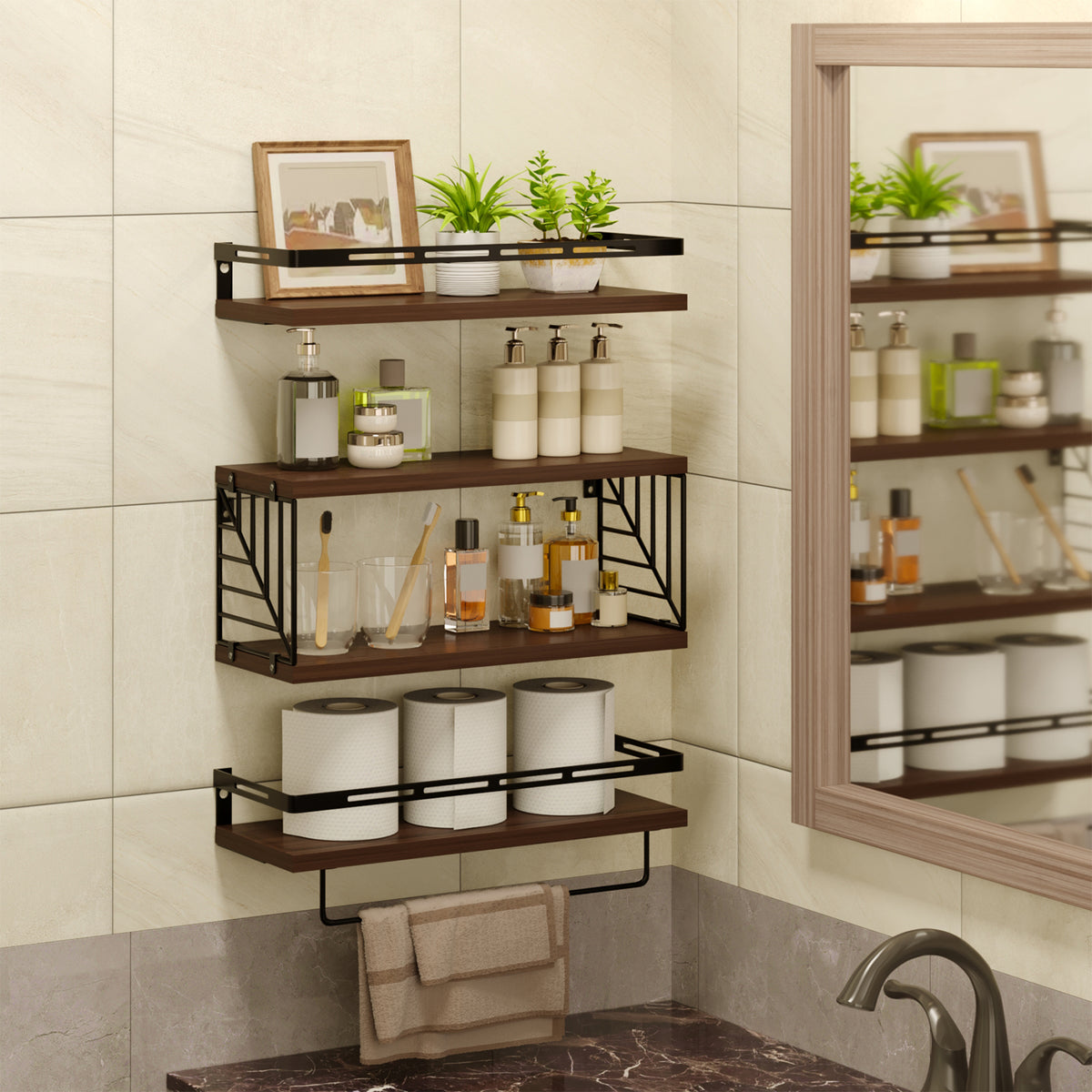SUPERLELE 3+1 Tier Wall-Mounted Shelves with Metal Frame and Towel Dark Brown
