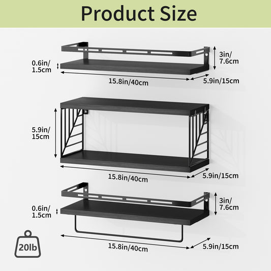 SUPERLELE 3+1 Tier Wall-Mounted Shelves with Metal Frame and Towel Black