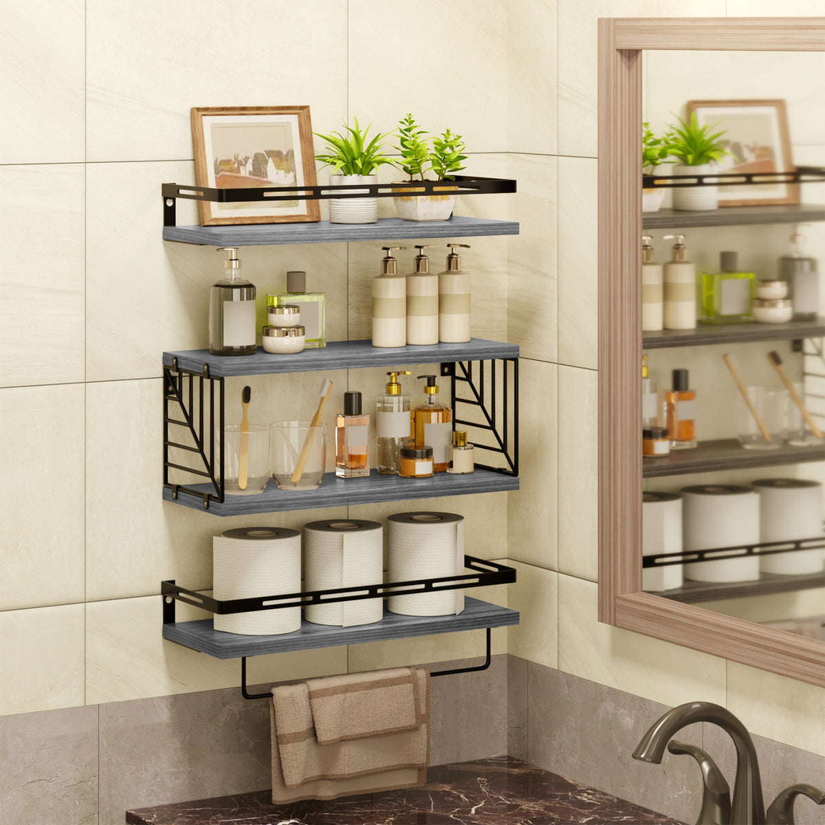 SUPERLELE 3+1 Tier Wall-Mounted Shelves with Metal Frame and Towel Bar Gray