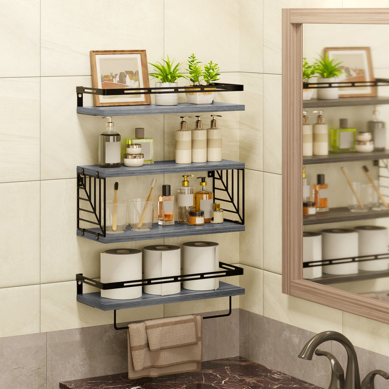 SUPERLELE 3+1 Tier Wall-Mounted Shelves with Metal Frame and Towel Bar Gray