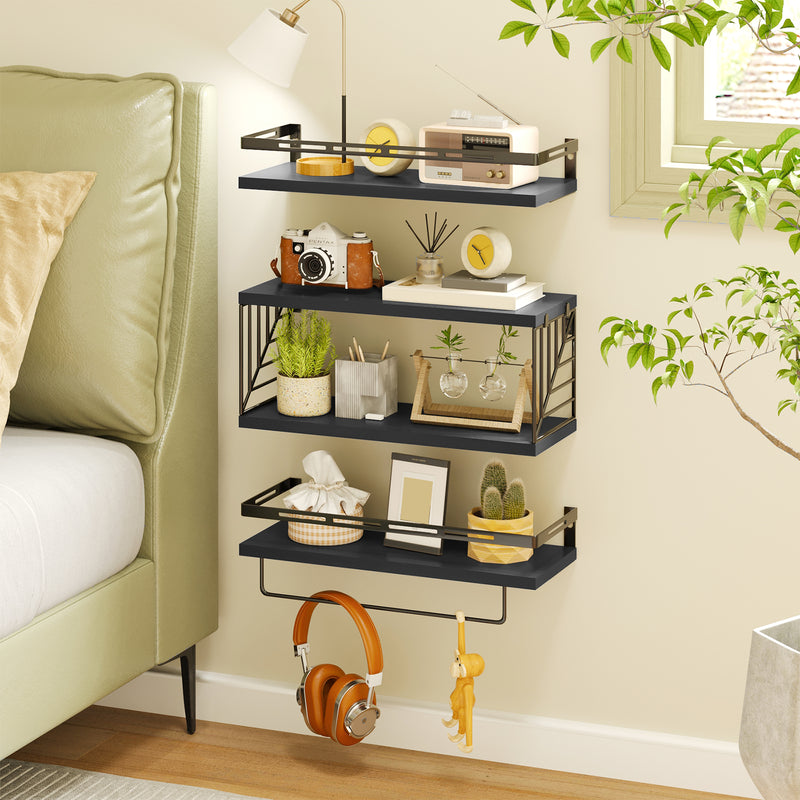 SUPERLELE 3+1 Tier Wall-Mounted Shelves with Metal Frame and Towel Black