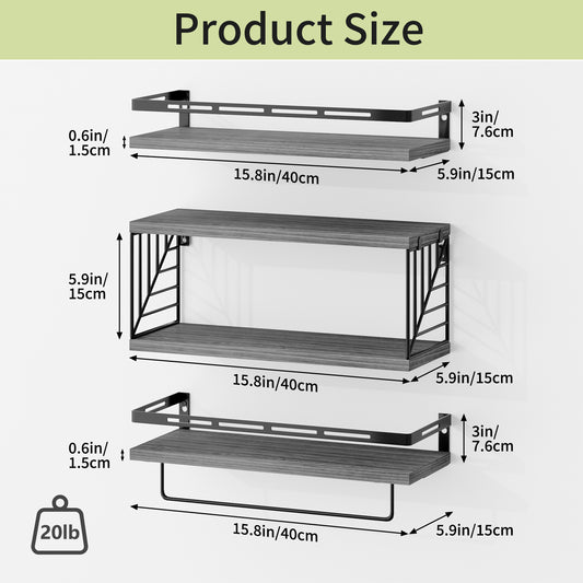 SUPERLELE 3+1 Tier Wall-Mounted Shelves with Metal Frame and Towel Bar Gray