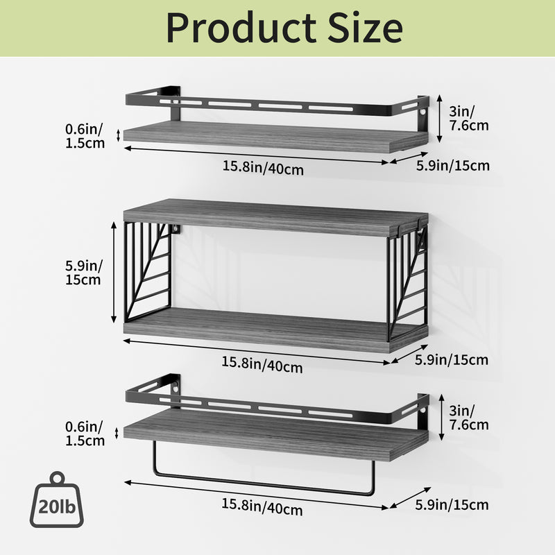 SUPERLELE 3+1 Tier Wall-Mounted Shelves with Metal Frame and Towel Bar Gray