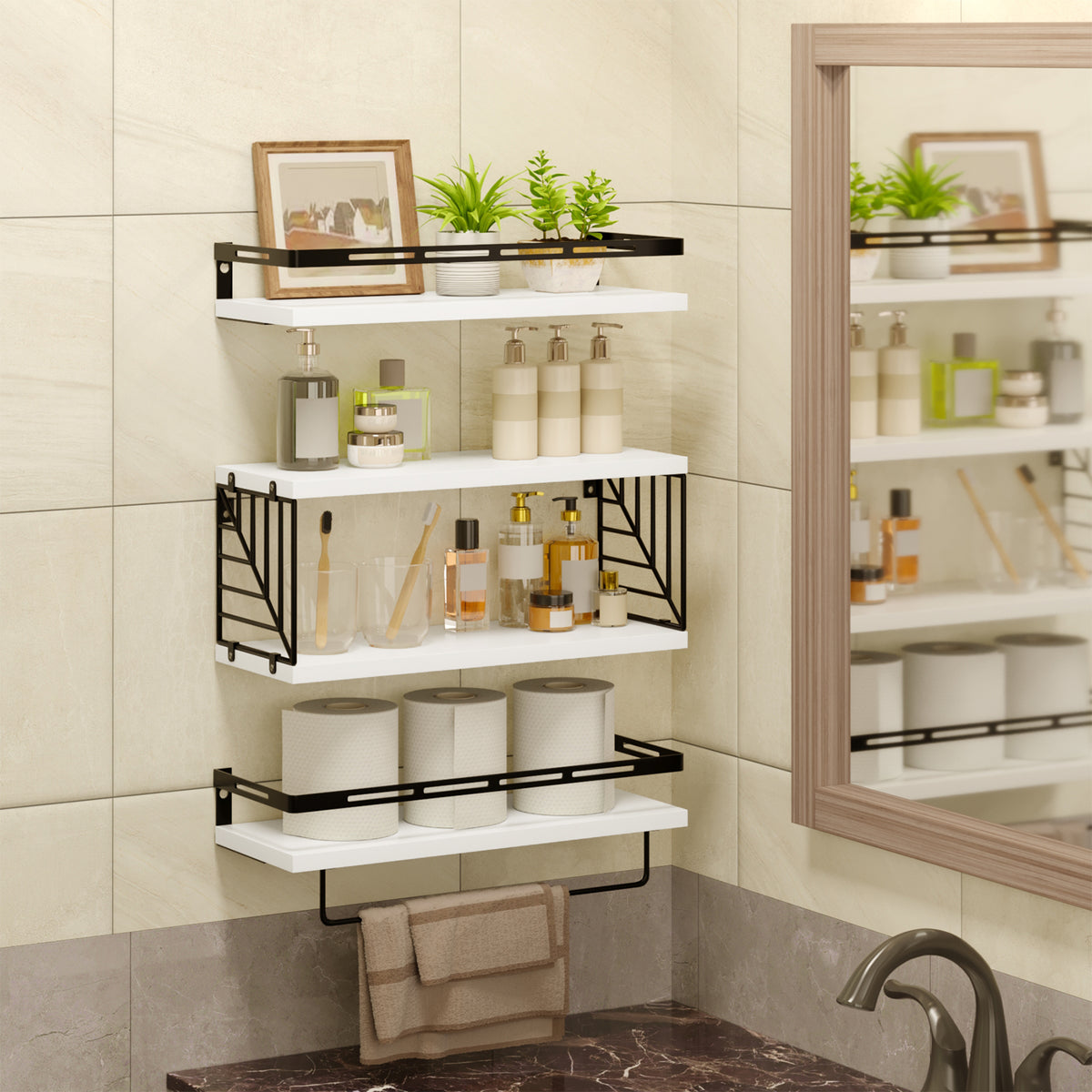 SUPERLELE 3+1 Tier Wall-Mounted Shelves with Metal Frame and Towel White