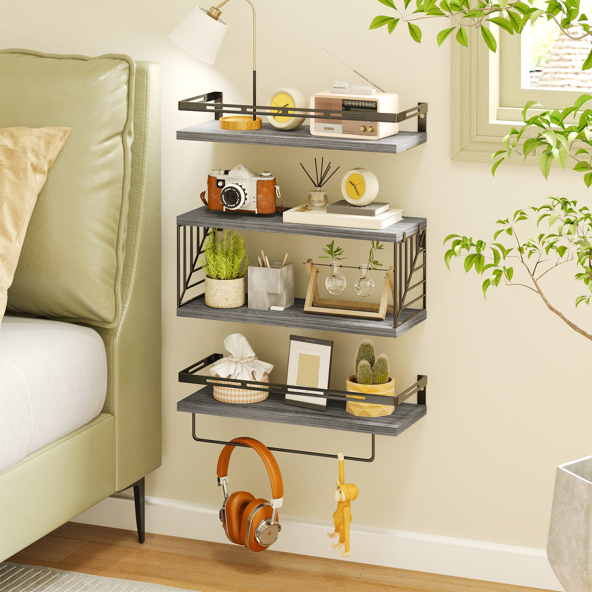 SUPERLELE 3+1 Tier Wall-Mounted Shelves with Metal Frame and Towel Bar Gray