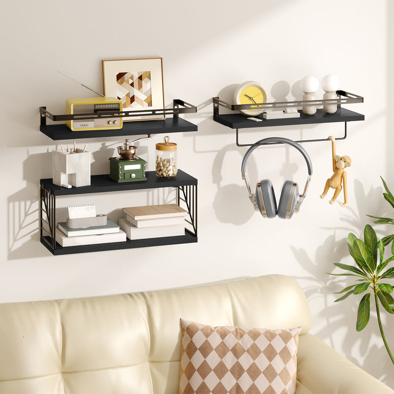 SUPERLELE 3+1 Tier Wall-Mounted Shelves with Metal Frame and Towel Black