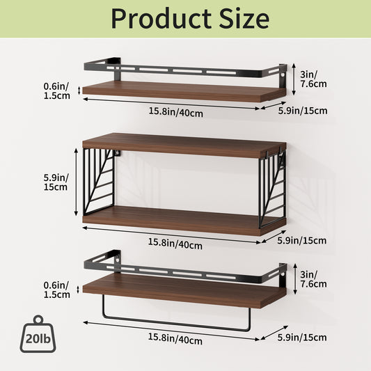 SUPERLELE 3+1 Tier Wall-Mounted Shelves with Metal Frame and Towel Dark Brown