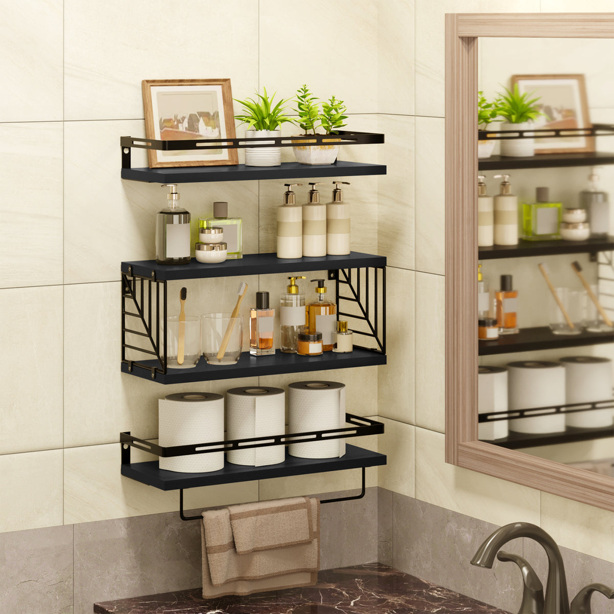 SUPERLELE 3+1 Tier Wall-Mounted Shelves with Metal Frame and Towel Black