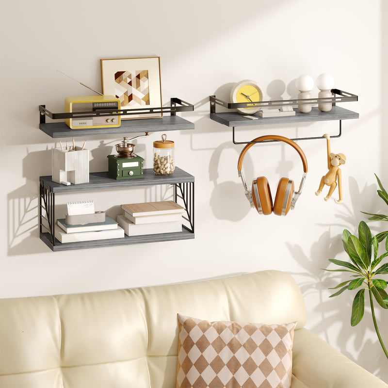 SUPERLELE 3+1 Tier Wall-Mounted Shelves with Metal Frame and Towel Bar Gray