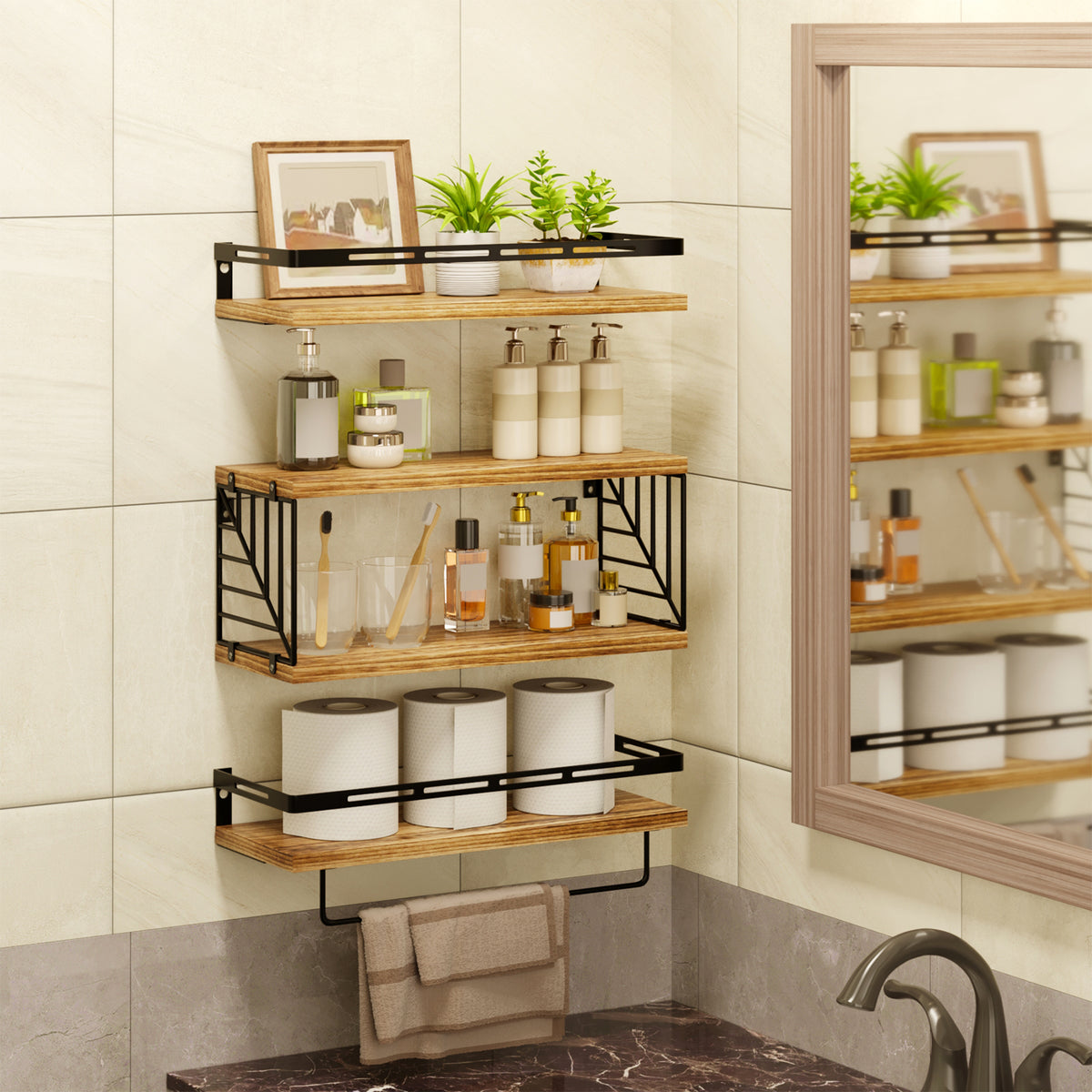 SUPERLELE 3+1 Tier Wall-Mounted Shelves with Metal Frame and Towel Rustic Brown