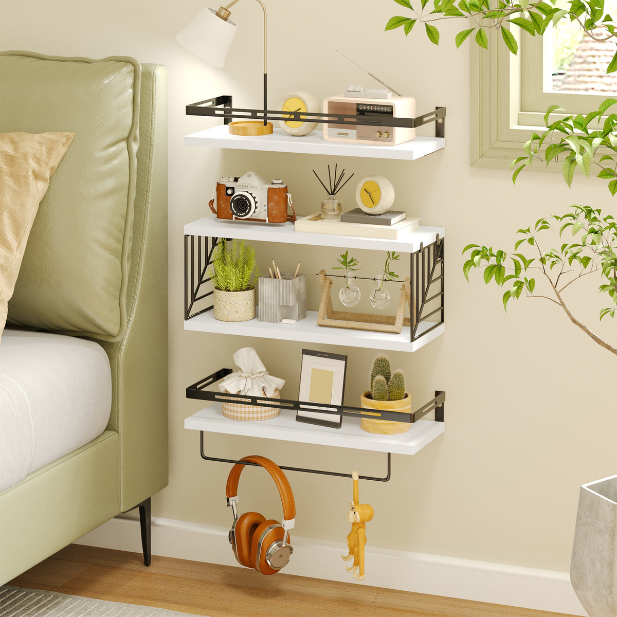 SUPERLELE 3+1 Tier Wall-Mounted Shelves with Metal Frame and Towel White